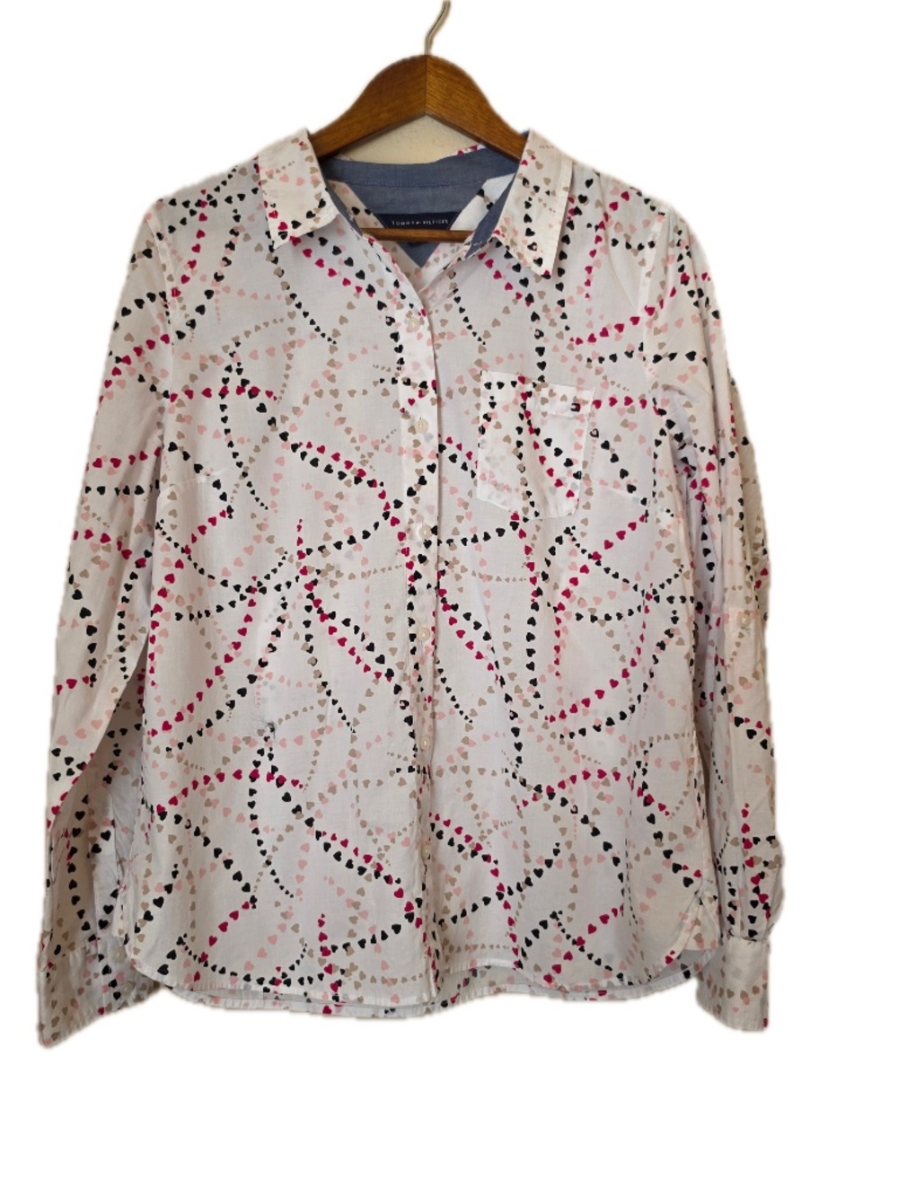 Tommy Hilfiger Button-Up Womens L White Heart Geometric Print Long Sleeve